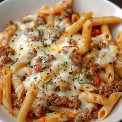 One-skillet cheesy ground chicken pasta served in a stylish bowl