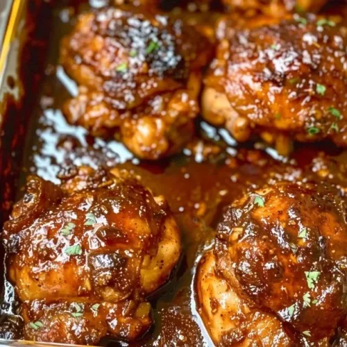 Easy oven baked chicken thighs recipe with seasoning and herbs.