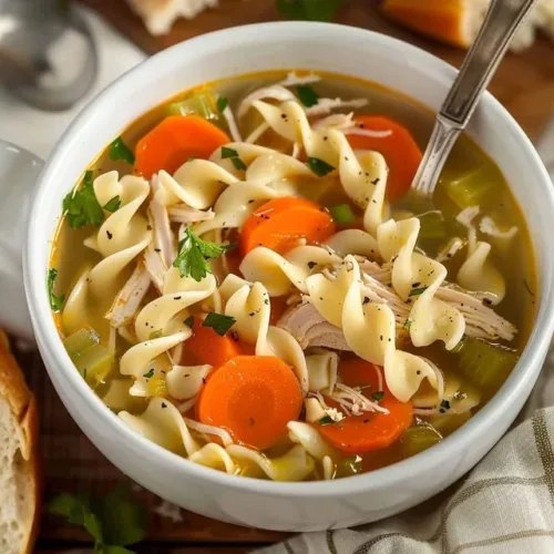 Bowl of easy rotisserie chicken noodle soup with fresh herbs and noodles