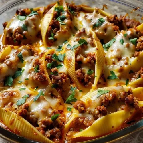 Plate of easy stuffed shells with ground beef topped with marinara sauce