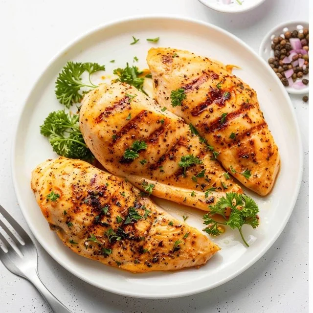 Flavorful baked chicken breast dish garnished with herbs