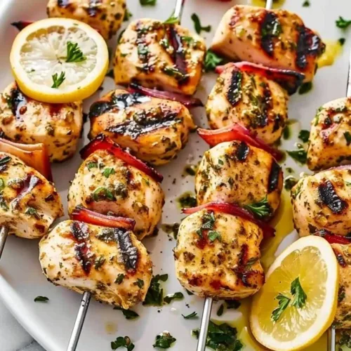 Greek marinated chicken kabobs skewered with vegetables for grilling.