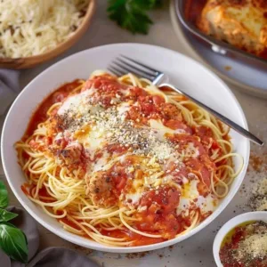 Delicious Ground Chicken Parmesan served with pasta and fresh herbs