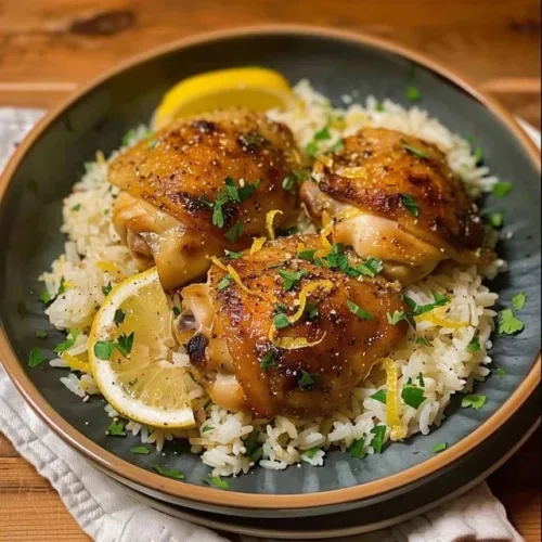 Herb chicken thighs with rice garnished with fresh herbs