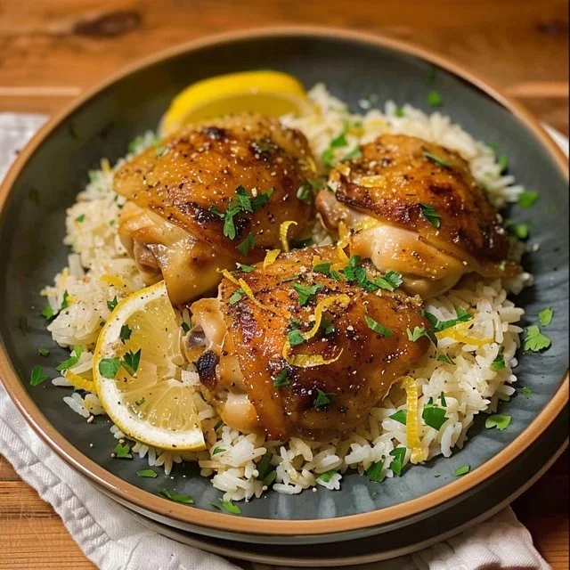 Herb chicken thighs with rice garnished with fresh herbs