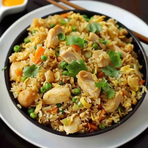 High Protein Chicken Fried Rice dish with colorful vegetables and chicken