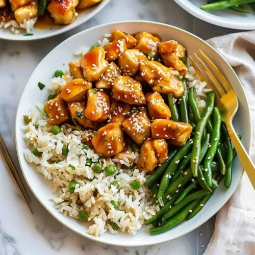 Plate of Honey Garlic Chicken served with green beans
