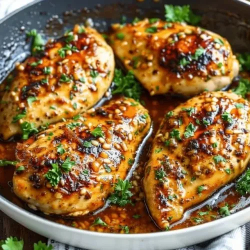 Honey Garlic Chicken Breasts served on a plate, garnished with fresh herbs.
