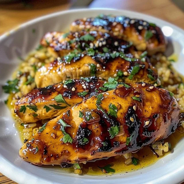 Delicious Honey Garlic Chicken Breasts served with vegetables.