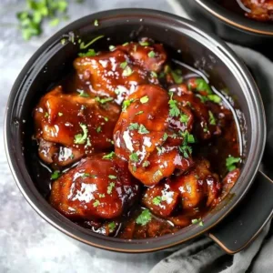 Serving of honey garlic chicken thighs garnished with herbs
