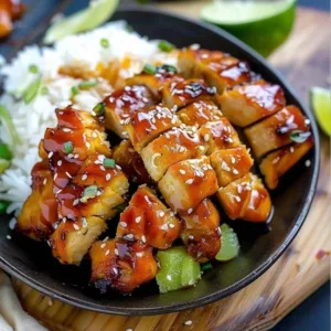 Plate of honey lime chicken garnished with lime wedges and herbs