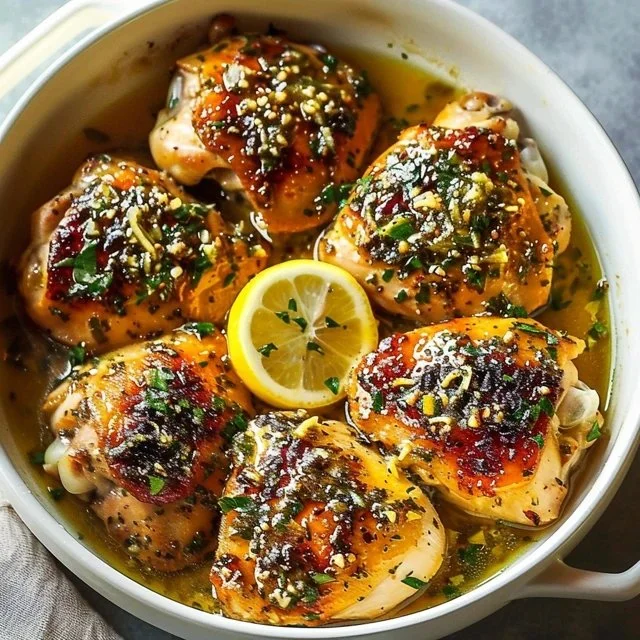 Delicious Lemon Garlic Butter Chicken served with herbs and lemon slices.