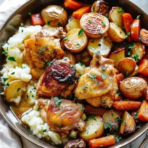 One-pan chicken thighs with vegetables ready to serve