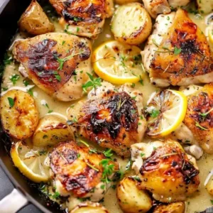 Delicious one pan chicken thighs recipe ready to serve.