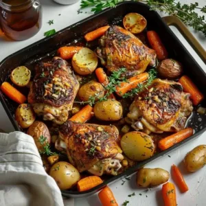 One-pan roasted chicken thighs served with vegetables on a rustic table.