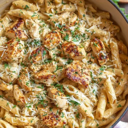 One Pot Creamy Parmesan Chicken Pasta served in a bowl with herbs on top