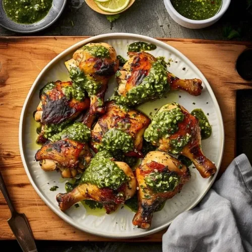 Delicious Peruvian chicken served with vibrant green sauce