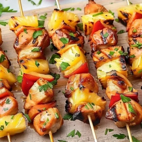 Grilled Pineapple Chicken Kabobs served on skewers with vibrant vegetables.