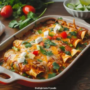 Plate of quick and easy chicken enchiladas topped with cheese and sauce