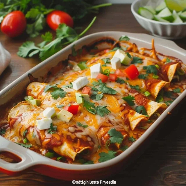 Plate of quick and easy chicken enchiladas topped with cheese and sauce