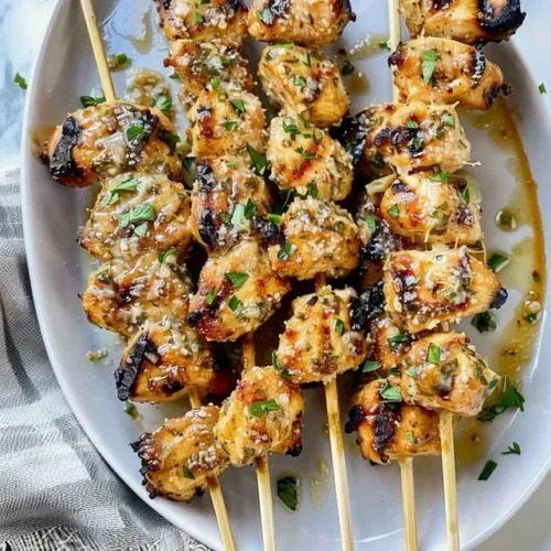 Delicious ranch garlic Parmesan chicken skewers ready to grill