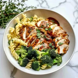 Rotisserie chicken broccoli pasta dish served in a bowl garnished with herbs