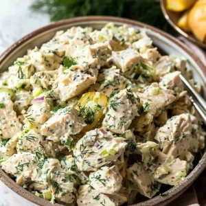 Delicious bowl of dill pickle chicken salad with fresh herbs and pickles