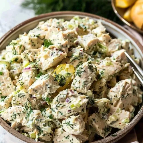 Delicious bowl of dill pickle chicken salad with fresh herbs and pickles