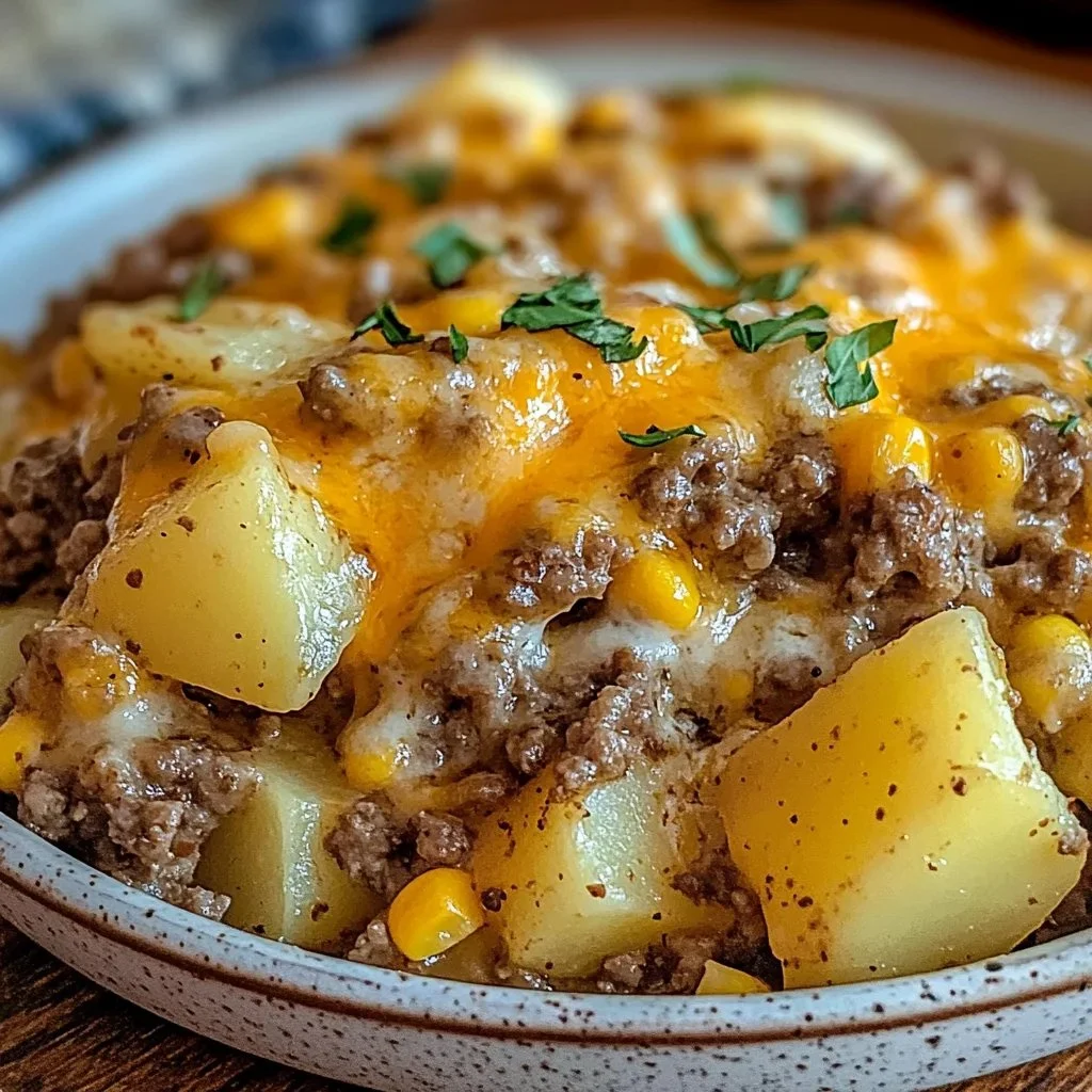 Slow cooker cowboy potato casserole served in a bowl with toppings