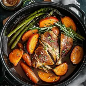 Slow cooker honey garlic chicken with mixed vegetables ready to be served