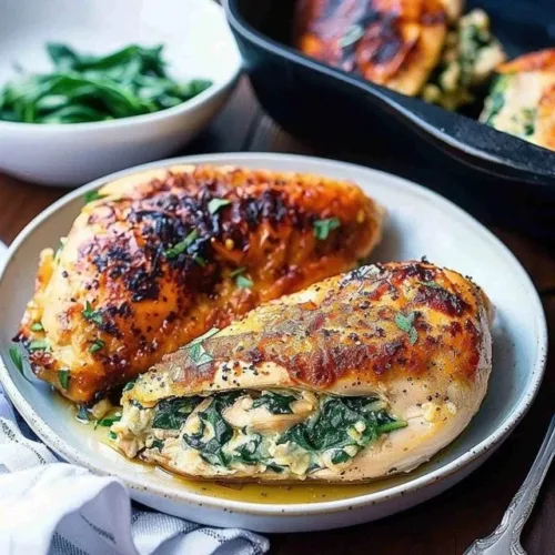 Delicious spinach stuffed chicken dish served on a plate with herbs and spices.