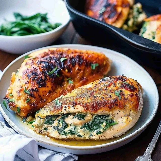 Delicious spinach stuffed chicken dish served on a plate with herbs and spices.