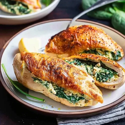 Spinach stuffed chicken breasts recipe with herbs and cheese.