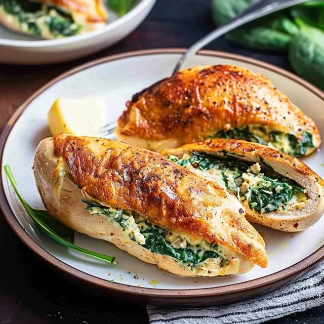 Spinach stuffed chicken breasts recipe with herbs and cheese.