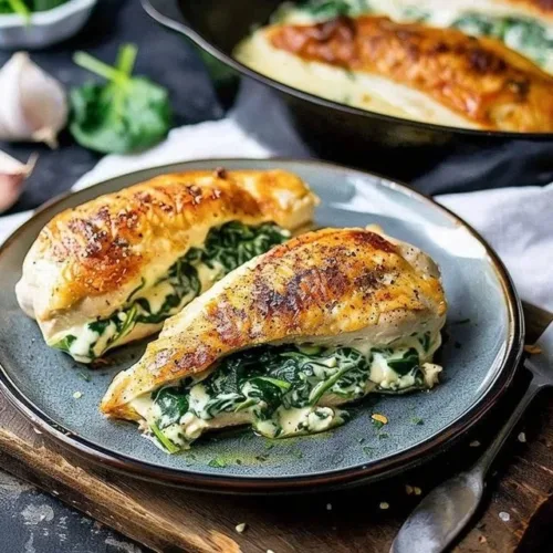 Spinach stuffed chicken breasts garnished with herbs on a plate