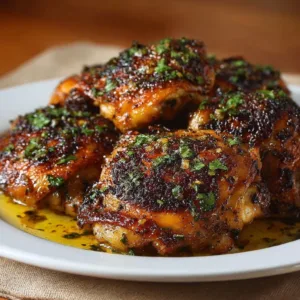 30-minute baked chicken thighs served on a plate with herbs
