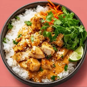 Delicious Coconut Chicken Rice Bowl topped with fresh herbs and served in a vibrant bowl.