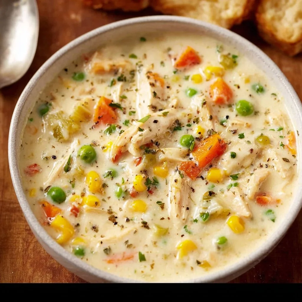 Bowl of creamy chicken pot pie soup garnished with herbs and vegetables