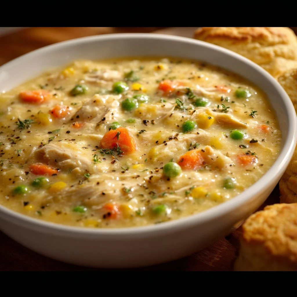 Creamy chicken pot pie soup in a slow cooker with fresh ingredients