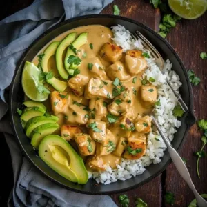 Creamy coconut chicken dish garnished with herbs and served with rice