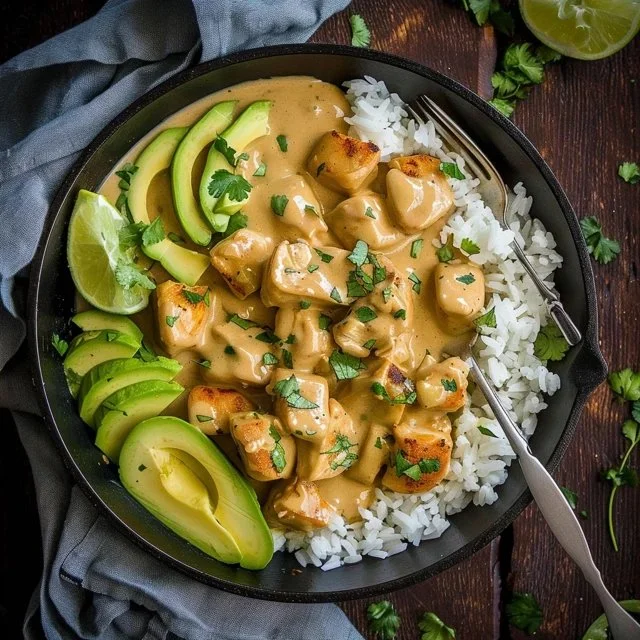Creamy coconut chicken dish garnished with herbs and served with rice