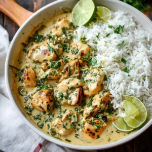 Creamy coconut lime chicken garnished with lime and herbs on a plate