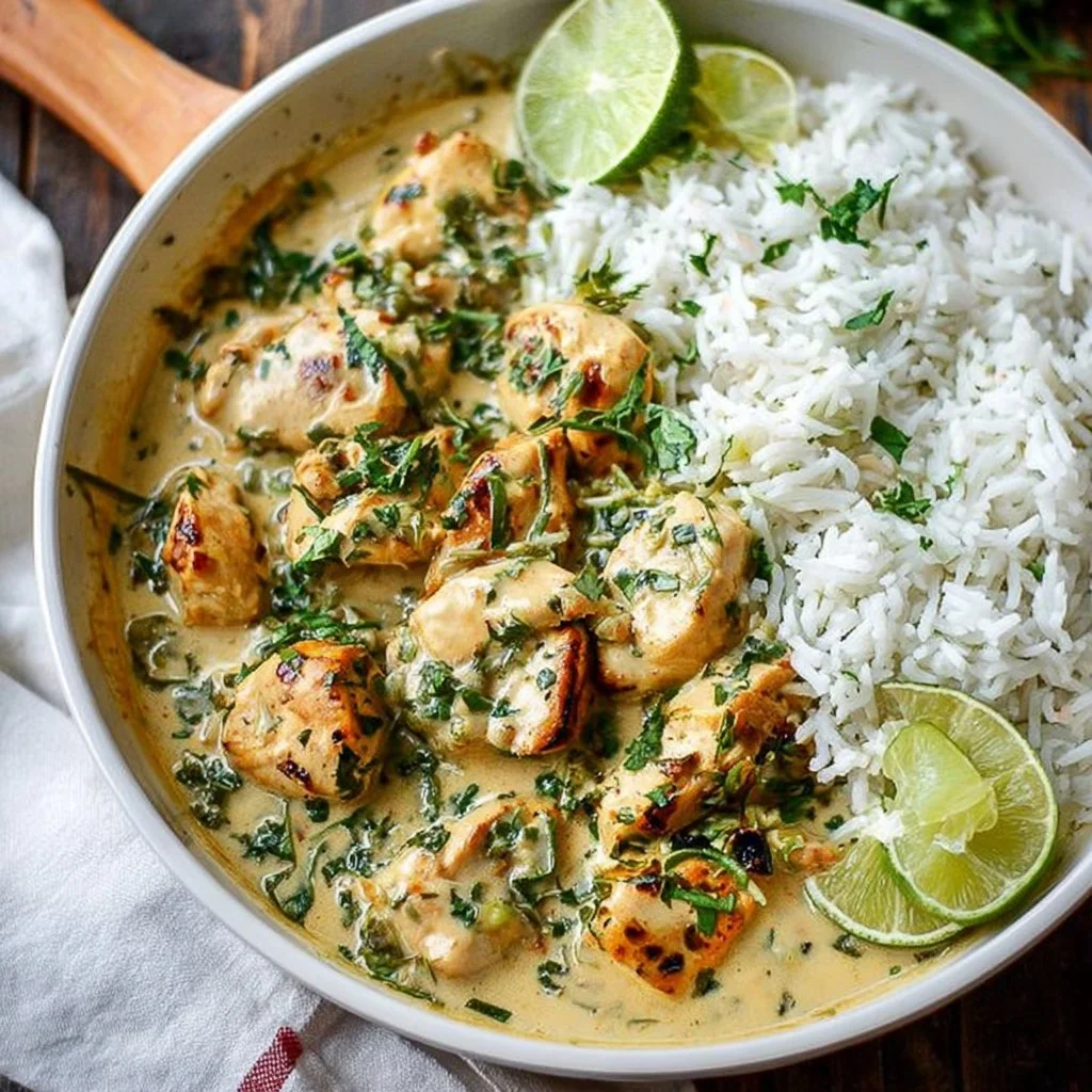 Creamy coconut lime chicken garnished with lime and herbs on a plate