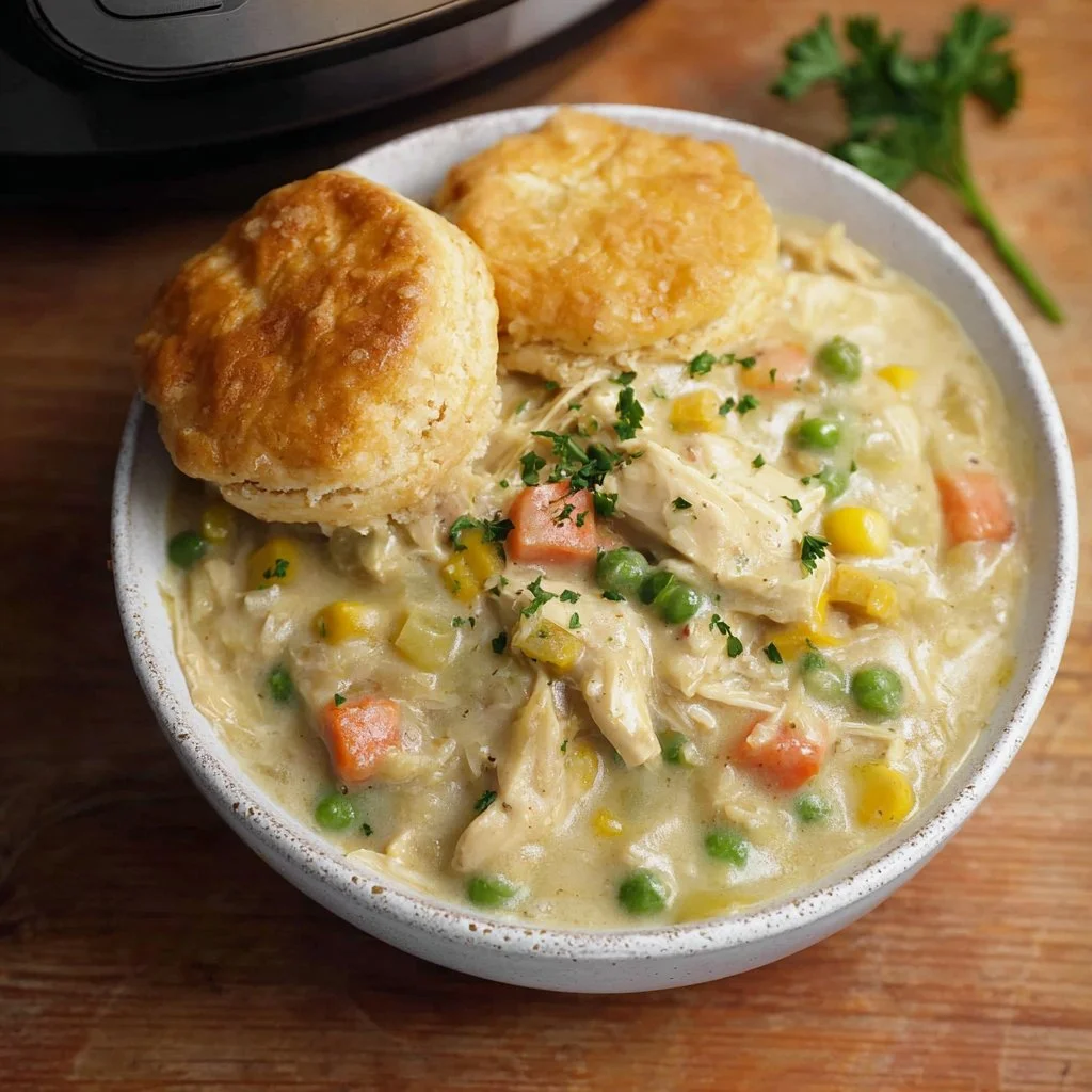 Creamy crock pot chicken pot pie served in a bowl with vegetables
