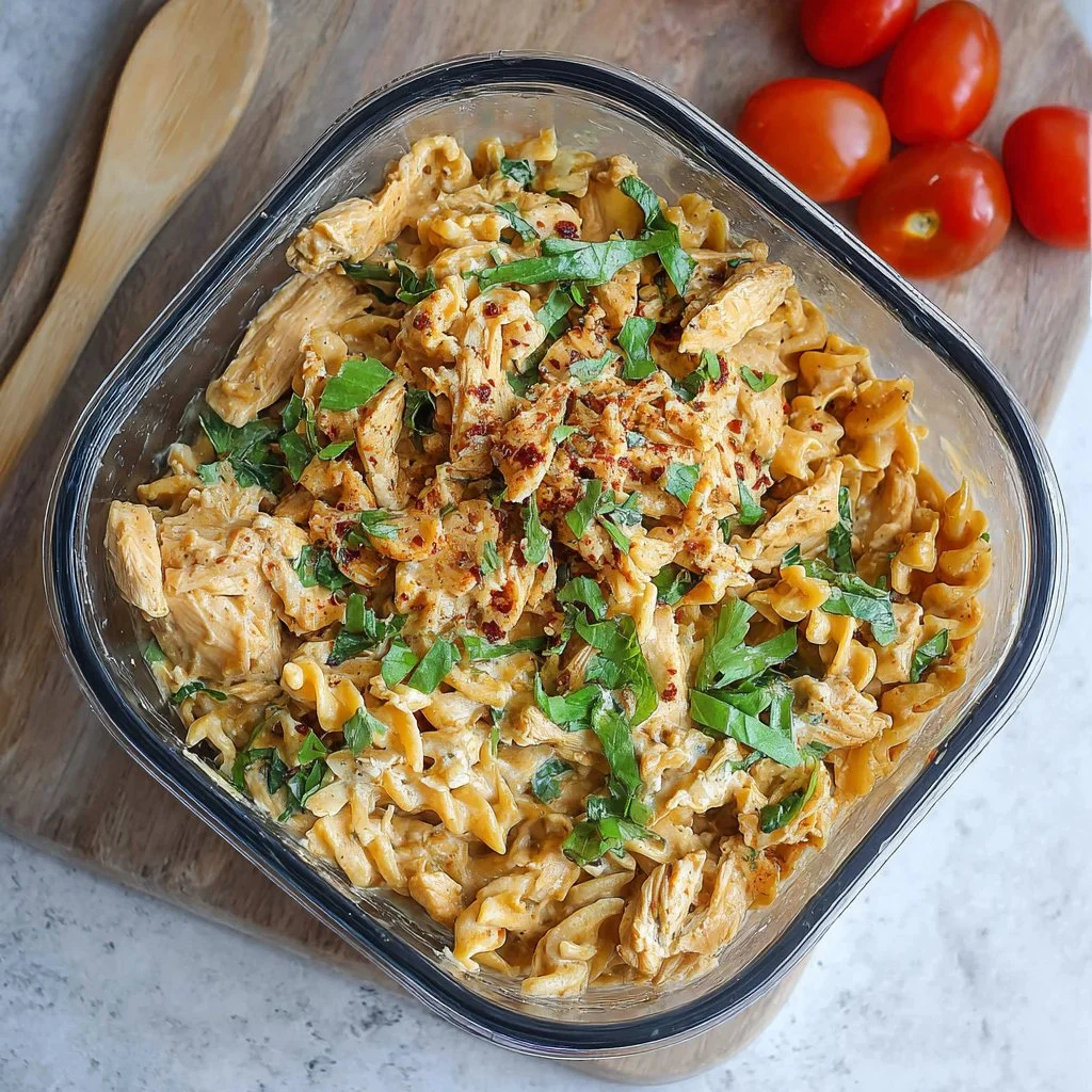 Creamy Garlic Chicken Pasta Meal Prep in a bowl, ready to serve.