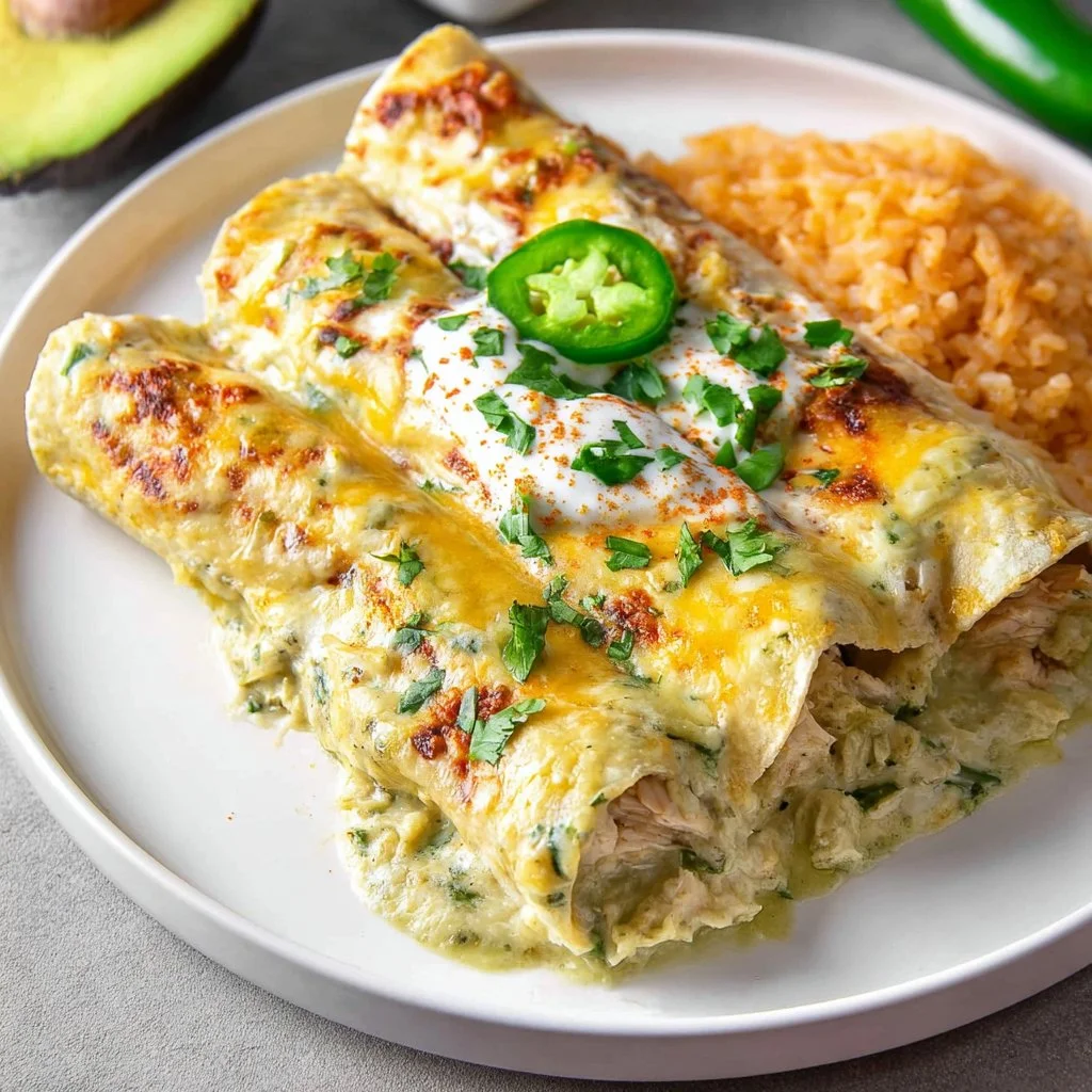 Plate of creamy green enchiladas topped with sauce and cheese