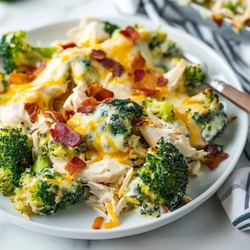 Creamy low carb chicken casserole dish baked in a white casserole dish