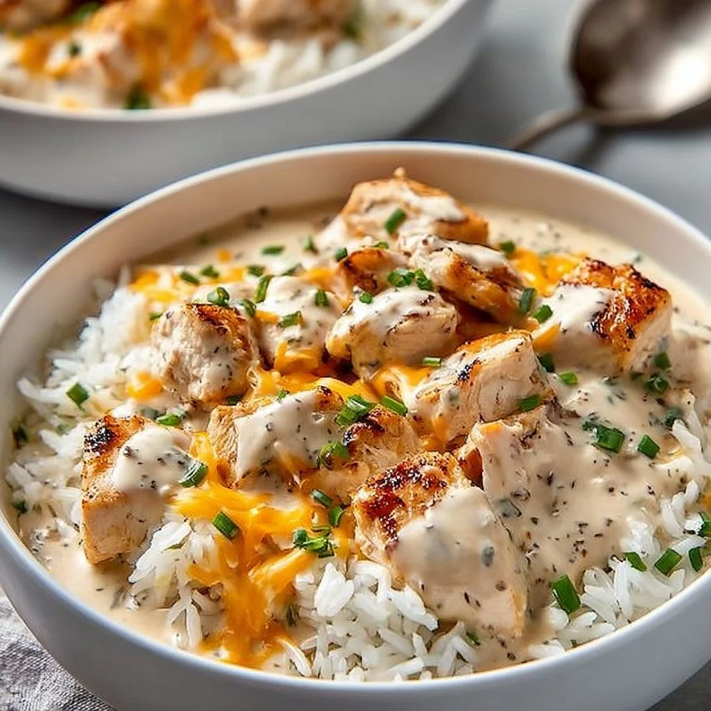 Creamy smothered chicken served with rice, a delicious comfort food dish.
