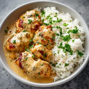Creamy smothered chicken served over rice with rich sauce.