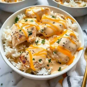 Creamy smothered chicken served over fluffy rice for a satisfying meal.